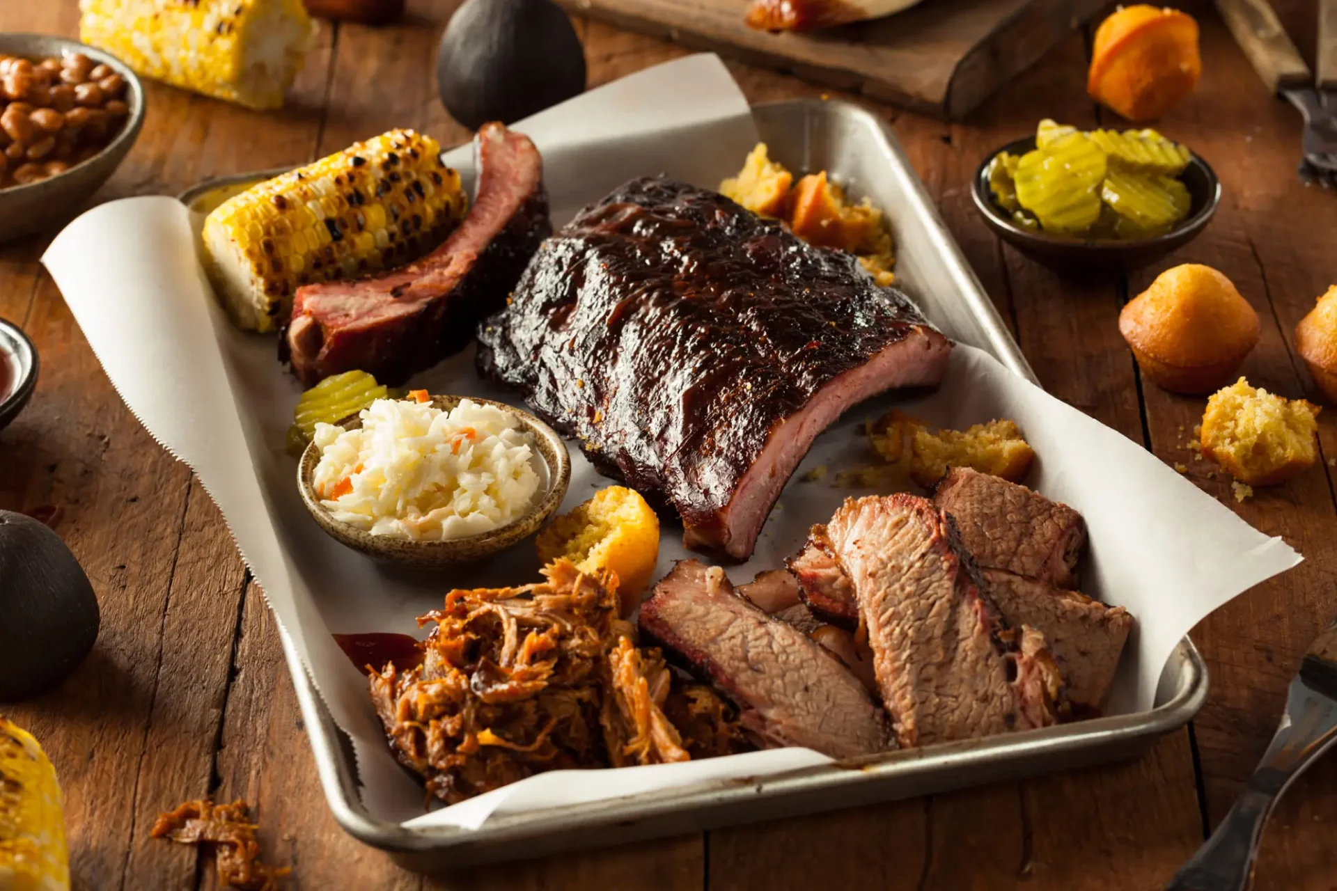 BBQ platter with ribs, brisket, and sides